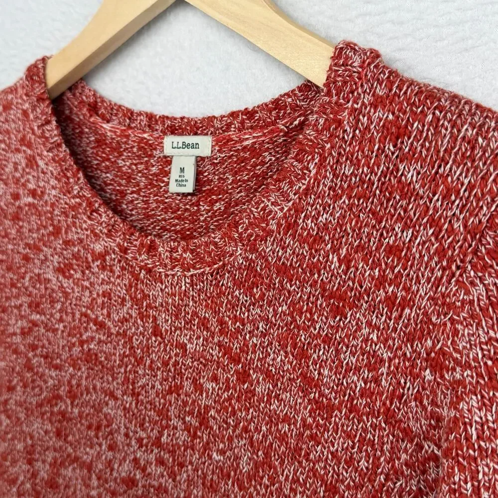 LL BEAN Sweater Womens M Cotton Ragg Pullover Crew Neck Jumper Marled Red